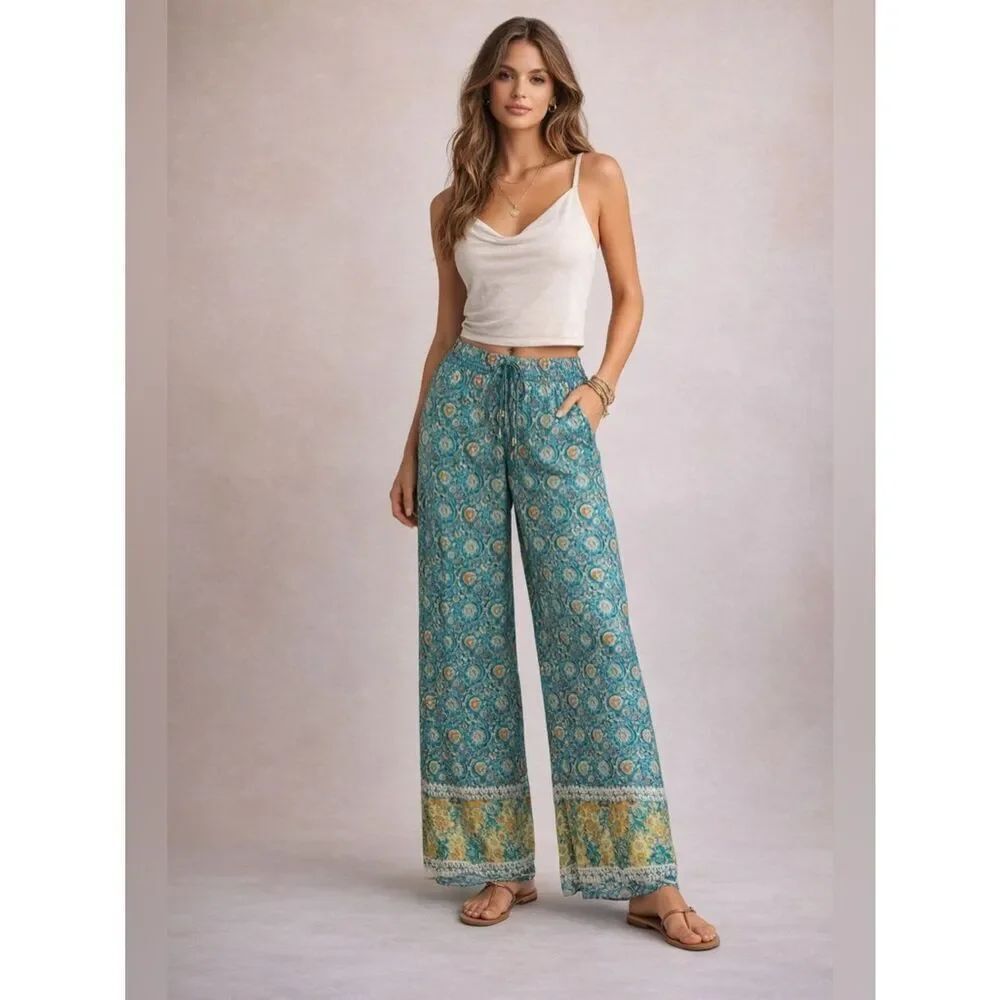 Anthropologie Tolani Teal and Gold Patterned Silky Wide Legs Pants
